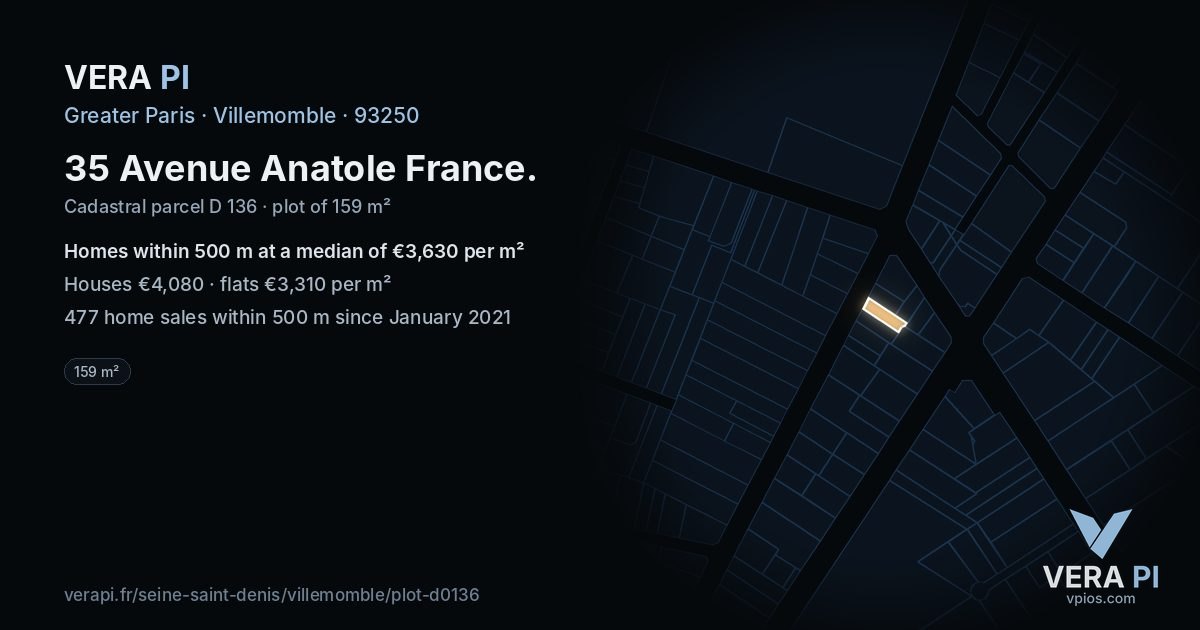 35 Avenue Anatole France, Villemomble at night – the plot lit, the parcels around coloured by the prices near them