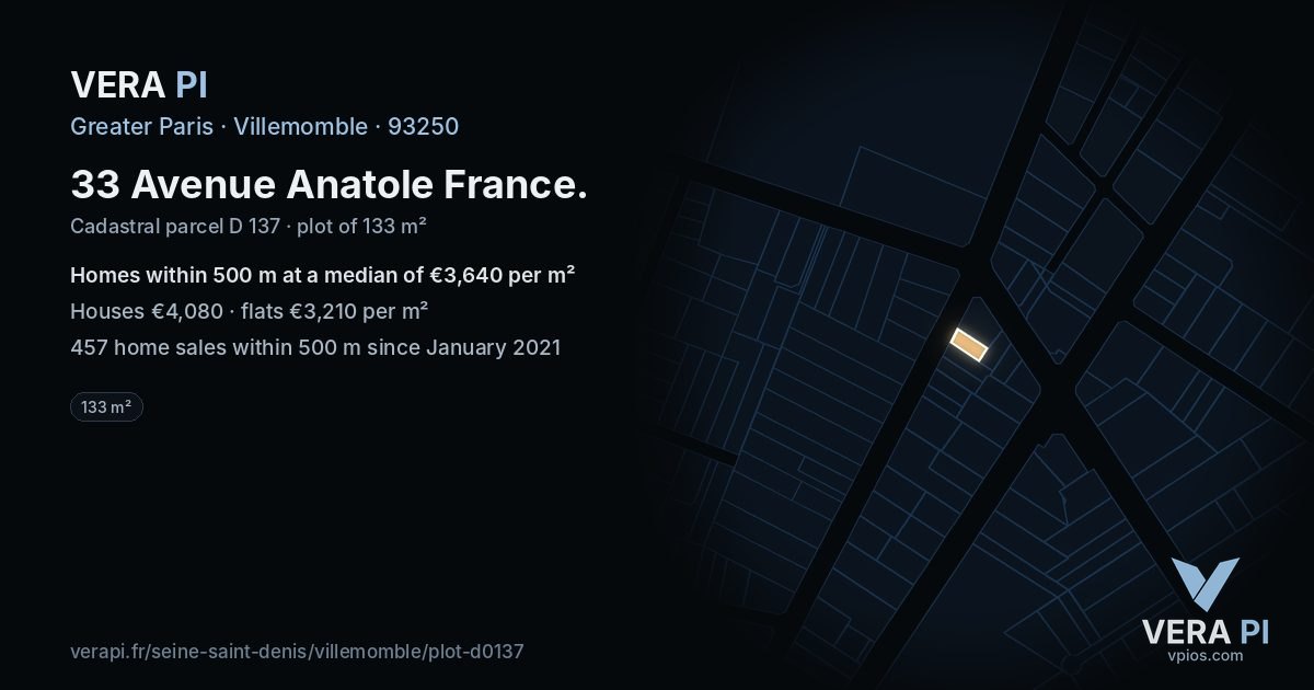 33 Avenue Anatole France, Villemomble at night – the plot lit, the parcels around coloured by the prices near them