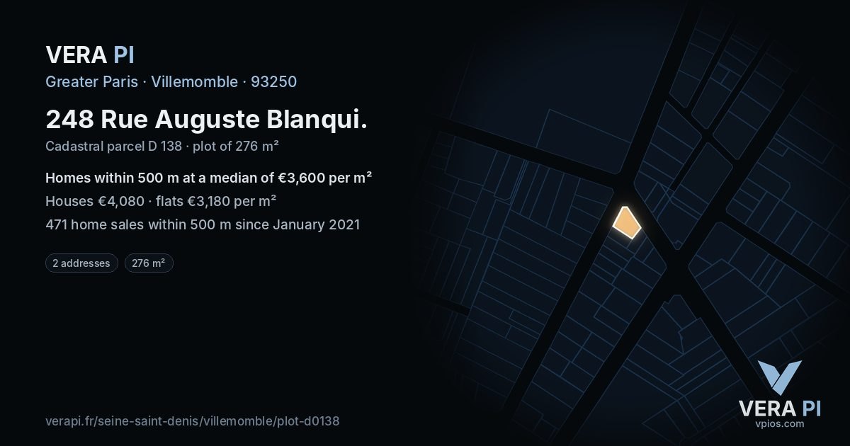 248 Rue Auguste Blanqui, Villemomble at night – the plot lit, the parcels around coloured by the prices near them