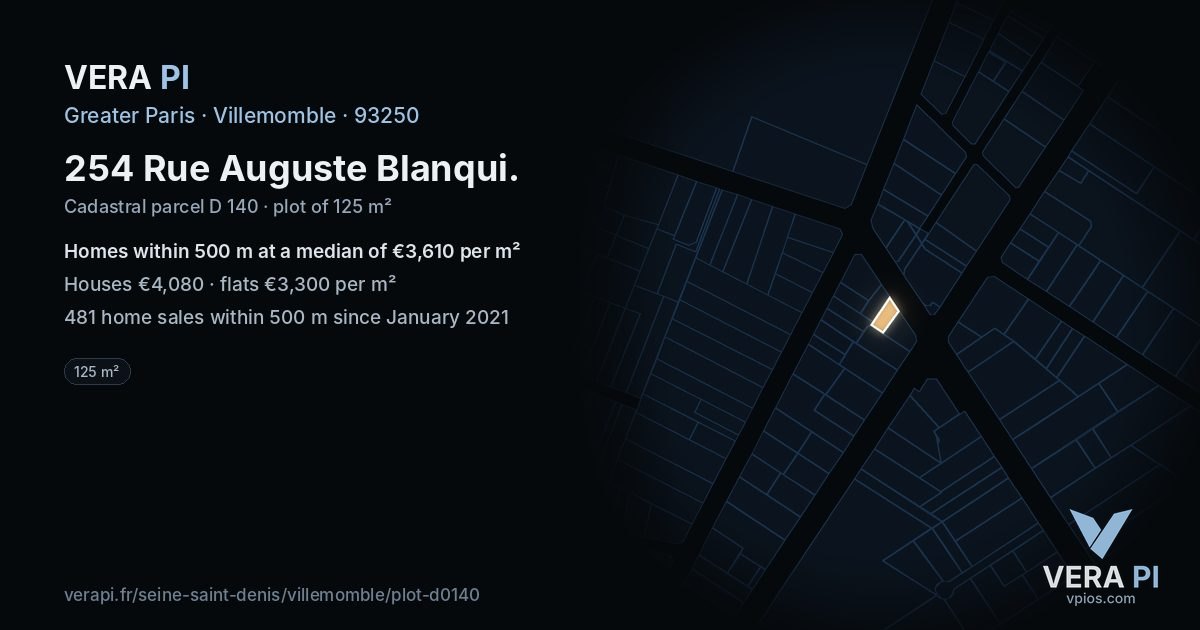 254 Rue Auguste Blanqui, Villemomble at night – the plot lit, the parcels around coloured by the prices near them