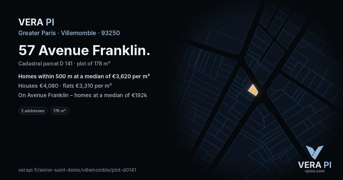 57 Avenue Franklin, Villemomble at night – the plot lit, the parcels around coloured by the prices near them