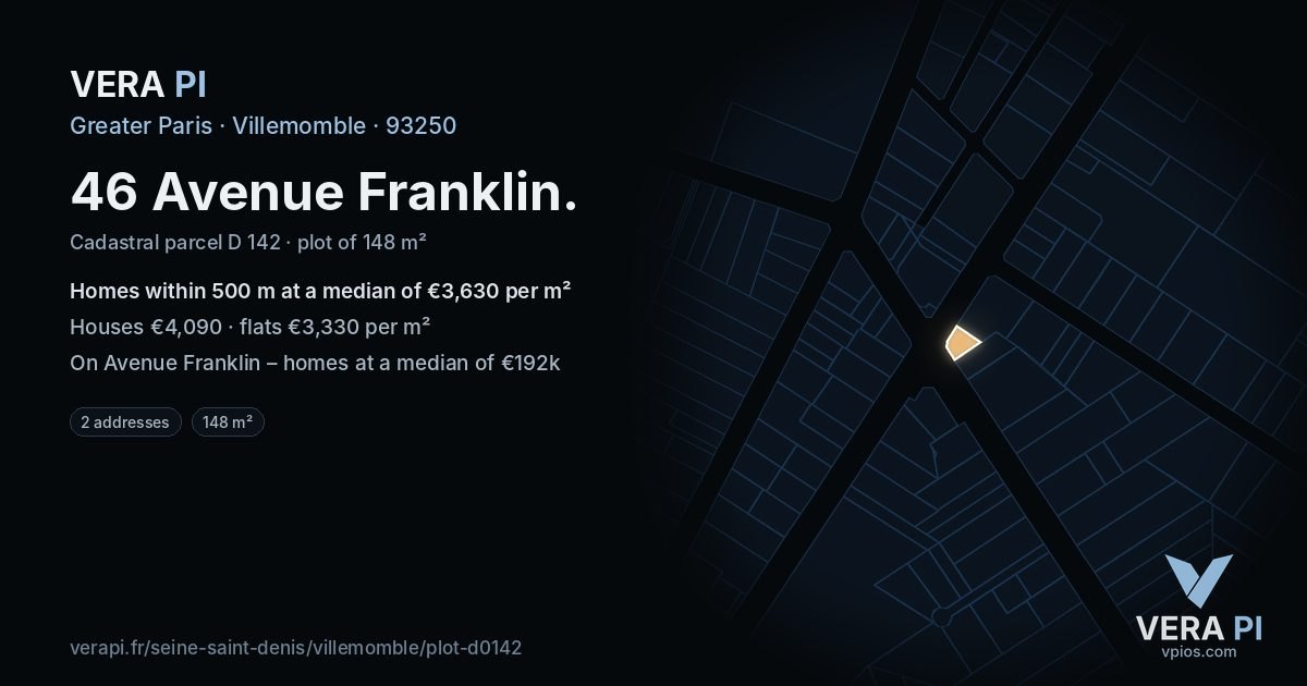 46 Avenue Franklin, Villemomble at night – the plot lit, the parcels around coloured by the prices near them