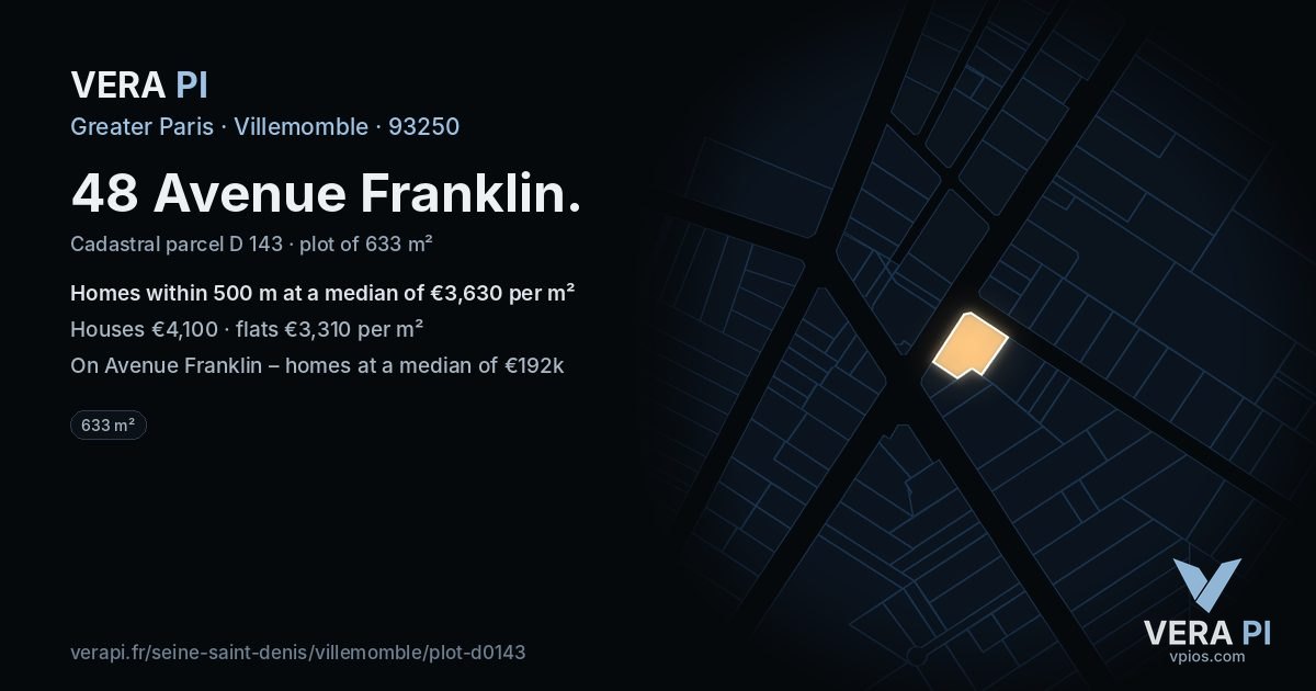 48 Avenue Franklin, Villemomble at night – the plot lit, the parcels around coloured by the prices near them