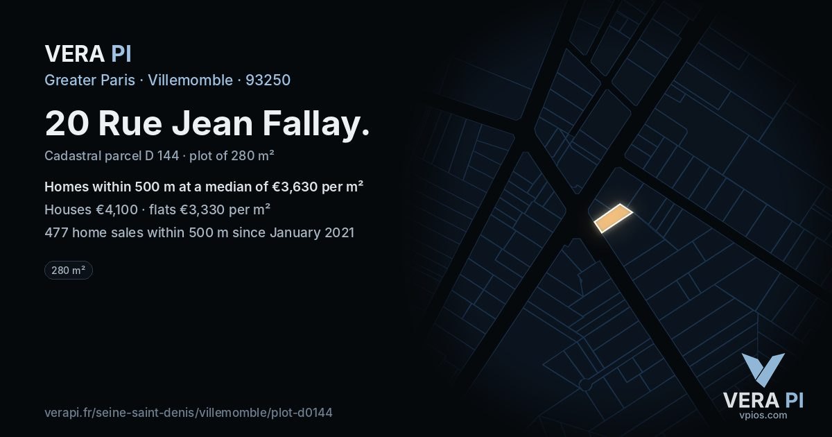 20 Rue Jean Fallay, Villemomble at night – the plot lit, the parcels around coloured by the prices near them