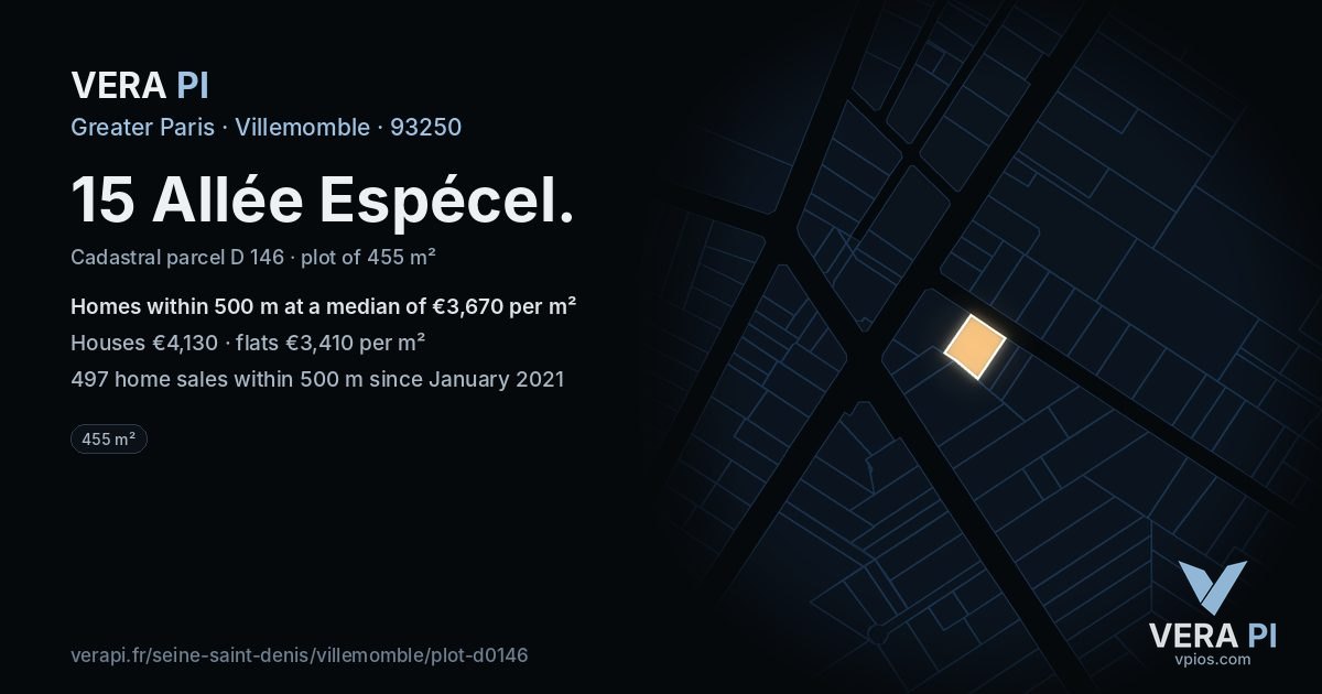 15 Allée Espécel, Villemomble at night – the plot lit, the parcels around coloured by the prices near them