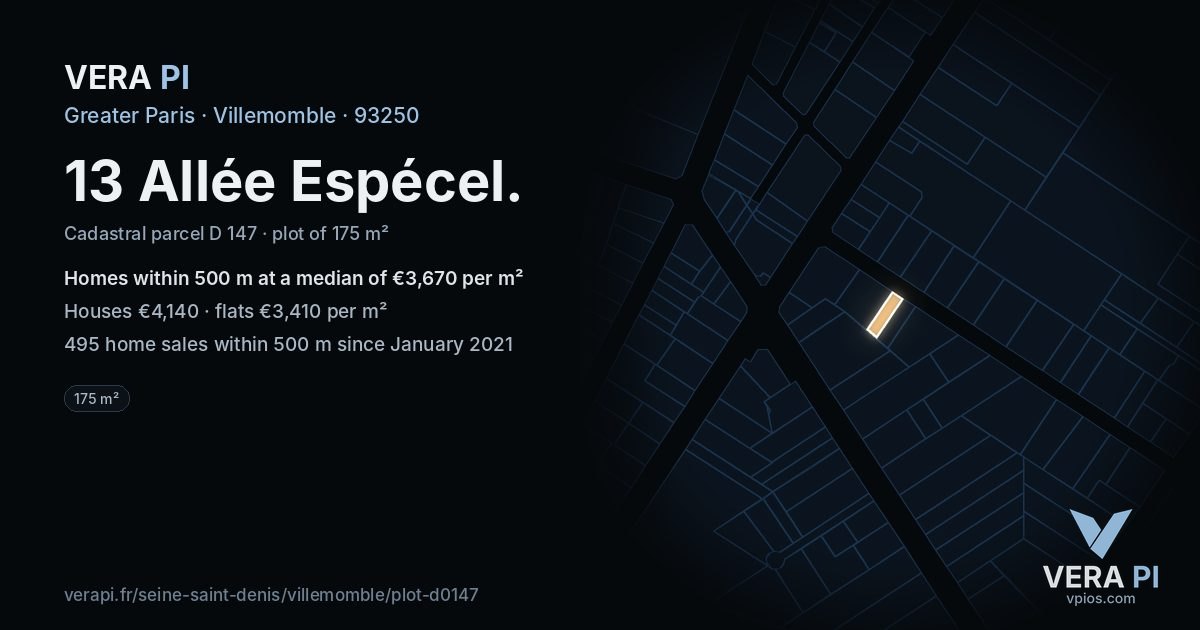 13 Allée Espécel, Villemomble at night – the plot lit, the parcels around coloured by the prices near them