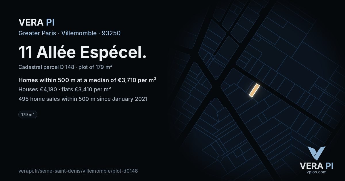 11 Allée Espécel, Villemomble at night – the plot lit, the parcels around coloured by the prices near them
