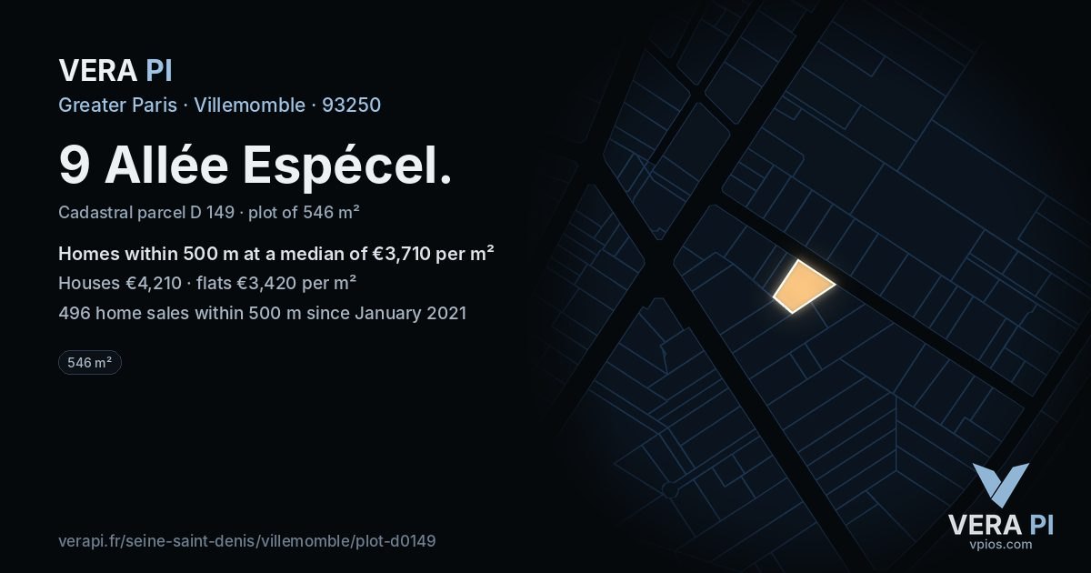 9 Allée Espécel, Villemomble at night – the plot lit, the parcels around coloured by the prices near them