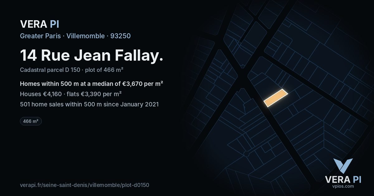 14 Rue Jean Fallay, Villemomble at night – the plot lit, the parcels around coloured by the prices near them