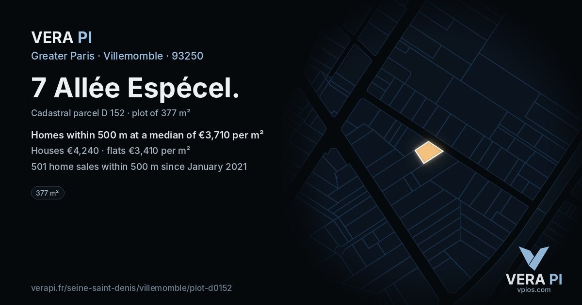 7 Allée Espécel, Villemomble at night – the plot lit, the parcels around coloured by the prices near them