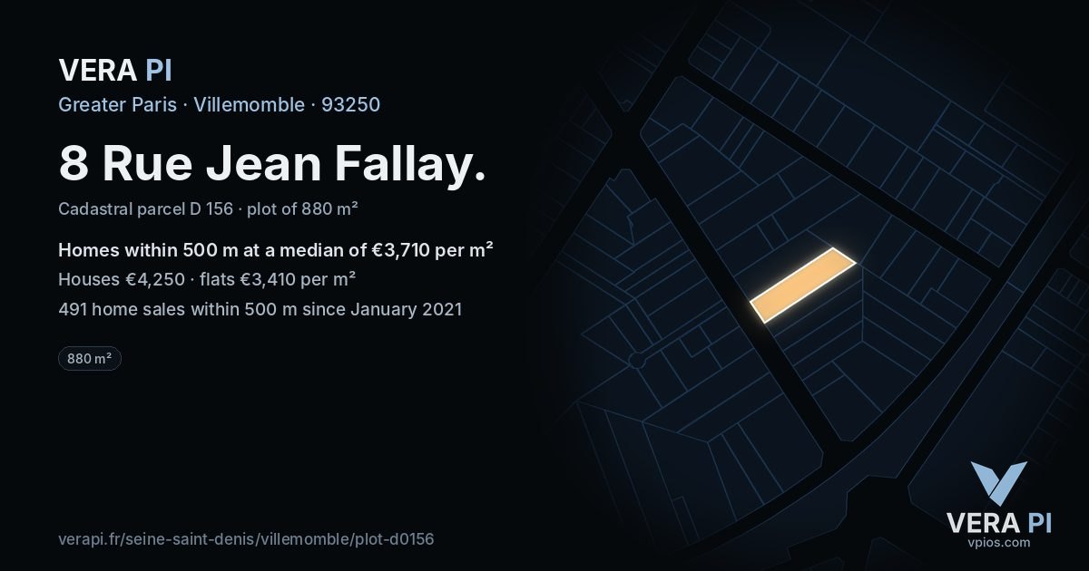 8 Rue Jean Fallay, Villemomble at night – the plot lit, the parcels around coloured by the prices near them