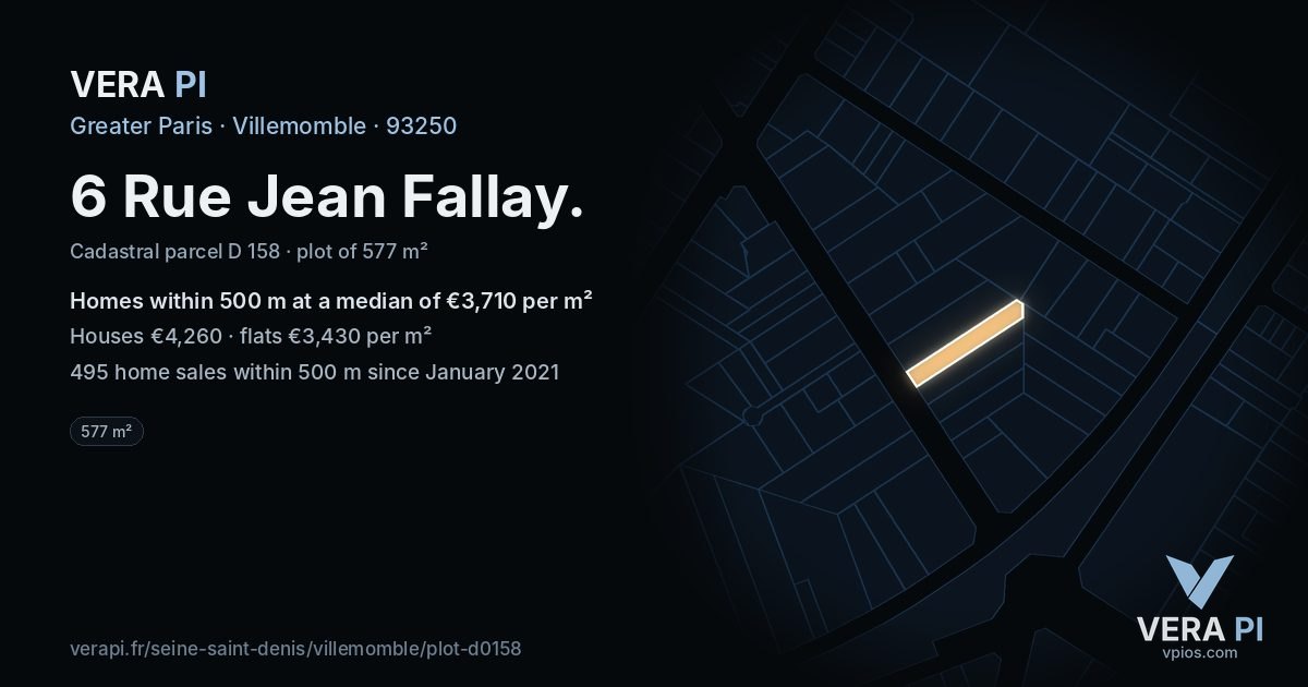 6 Rue Jean Fallay, Villemomble at night – the plot lit, the parcels around coloured by the prices near them