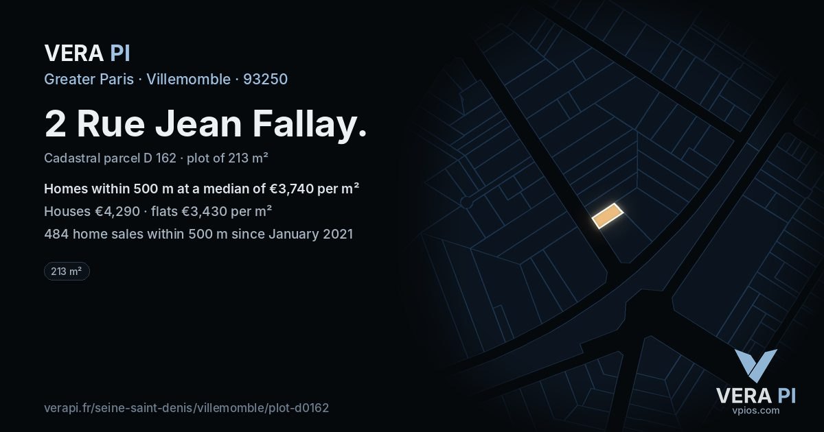 2 Rue Jean Fallay, Villemomble at night – the plot lit, the parcels around coloured by the prices near them