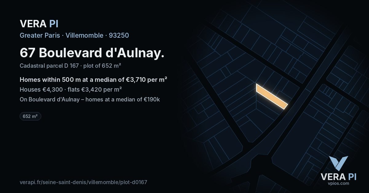 67 Boulevard d'Aulnay, Villemomble at night – the plot lit, the parcels around coloured by the prices near them
