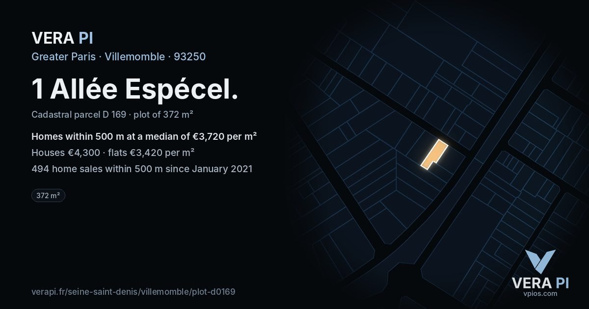 1 Allée Espécel, Villemomble at night – the plot lit, the parcels around coloured by the prices near them