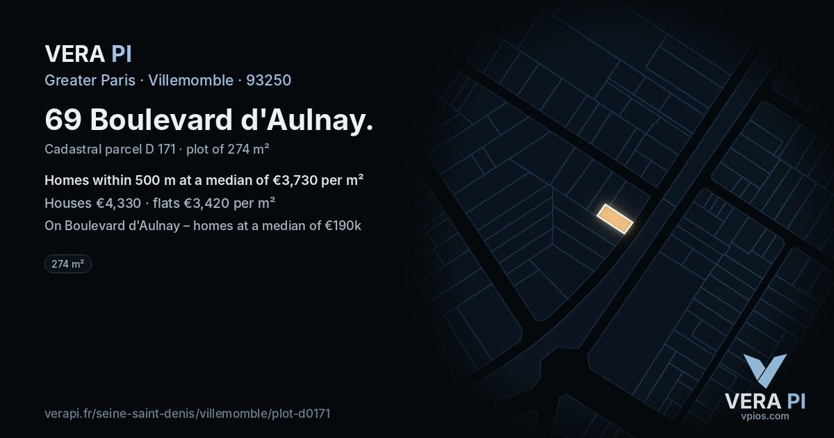 69 Boulevard d'Aulnay, Villemomble at night – the plot lit, the parcels around coloured by the prices near them