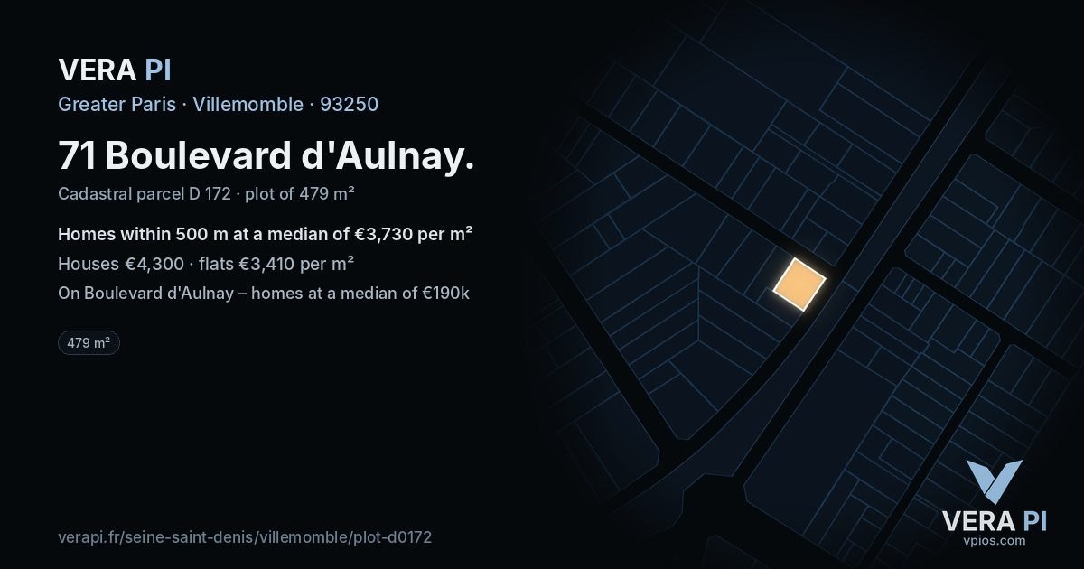 71 Boulevard d'Aulnay, Villemomble at night – the plot lit, the parcels around coloured by the prices near them
