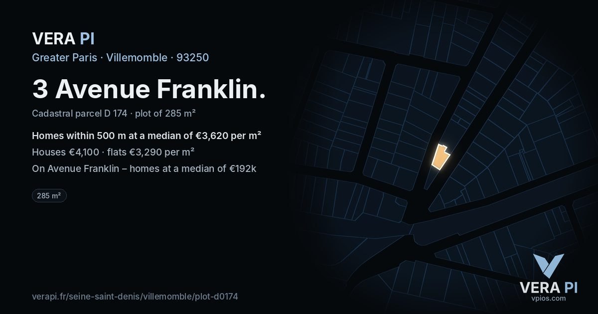 3 Avenue Franklin, Villemomble at night – the plot lit, the parcels around coloured by the prices near them