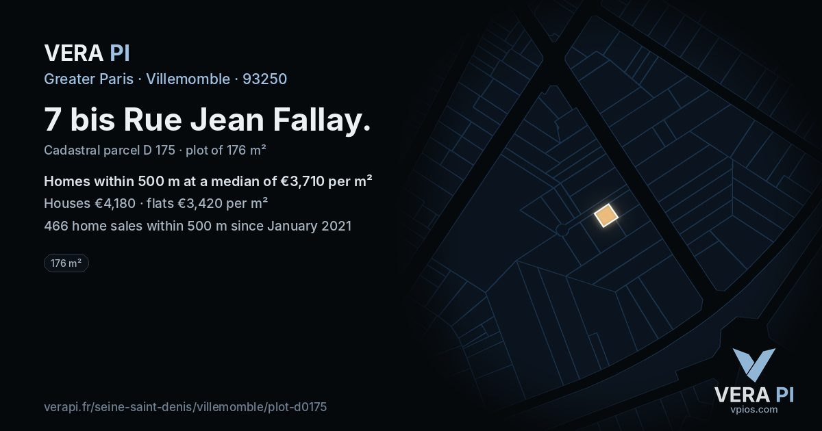 7 bis Rue Jean Fallay, Villemomble at night – the plot lit, the parcels around coloured by the prices near them