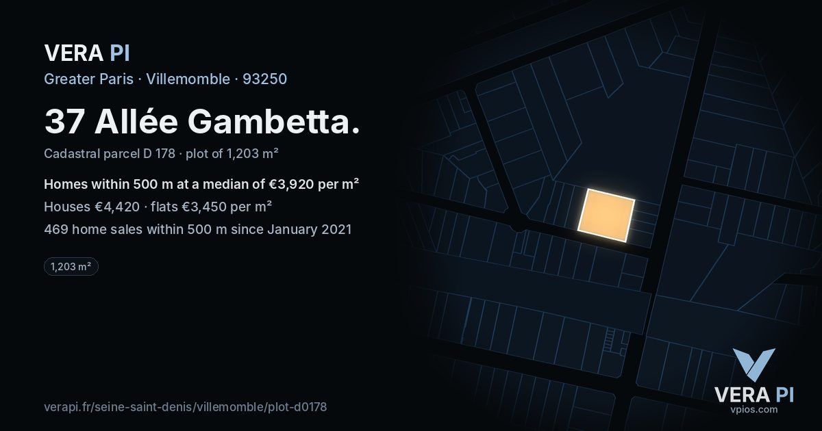 37 Allée Gambetta, Villemomble at night – the plot lit, the parcels around coloured by the prices near them
