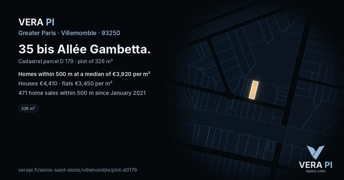 35 bis Allée Gambetta, Villemomble at night – the plot lit, the parcels around coloured by the prices near them