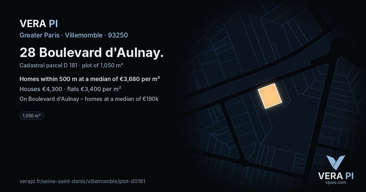 28 Boulevard d'Aulnay, Villemomble at night – the plot lit, the parcels around coloured by the prices near them