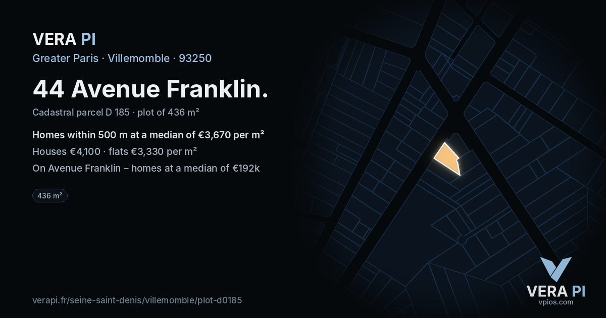 44 Avenue Franklin, Villemomble at night – the plot lit, the parcels around coloured by the prices near them