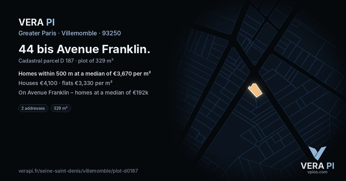 44 bis Avenue Franklin, Villemomble at night – the plot lit, the parcels around coloured by the prices near them