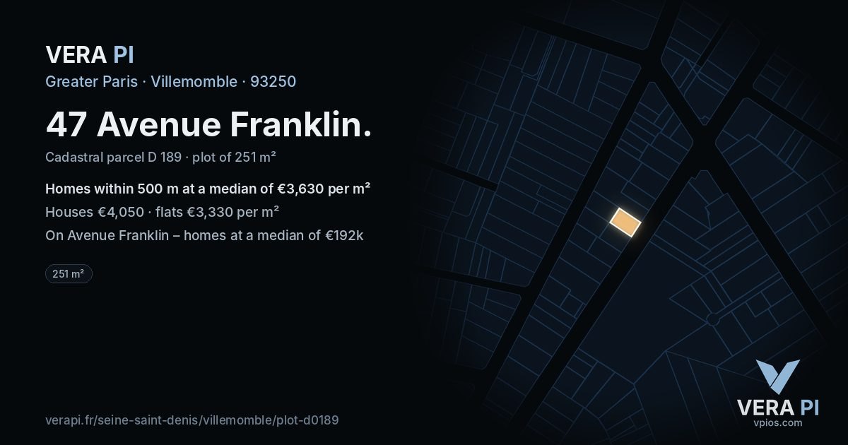 47 Avenue Franklin, Villemomble at night – the plot lit, the parcels around coloured by the prices near them