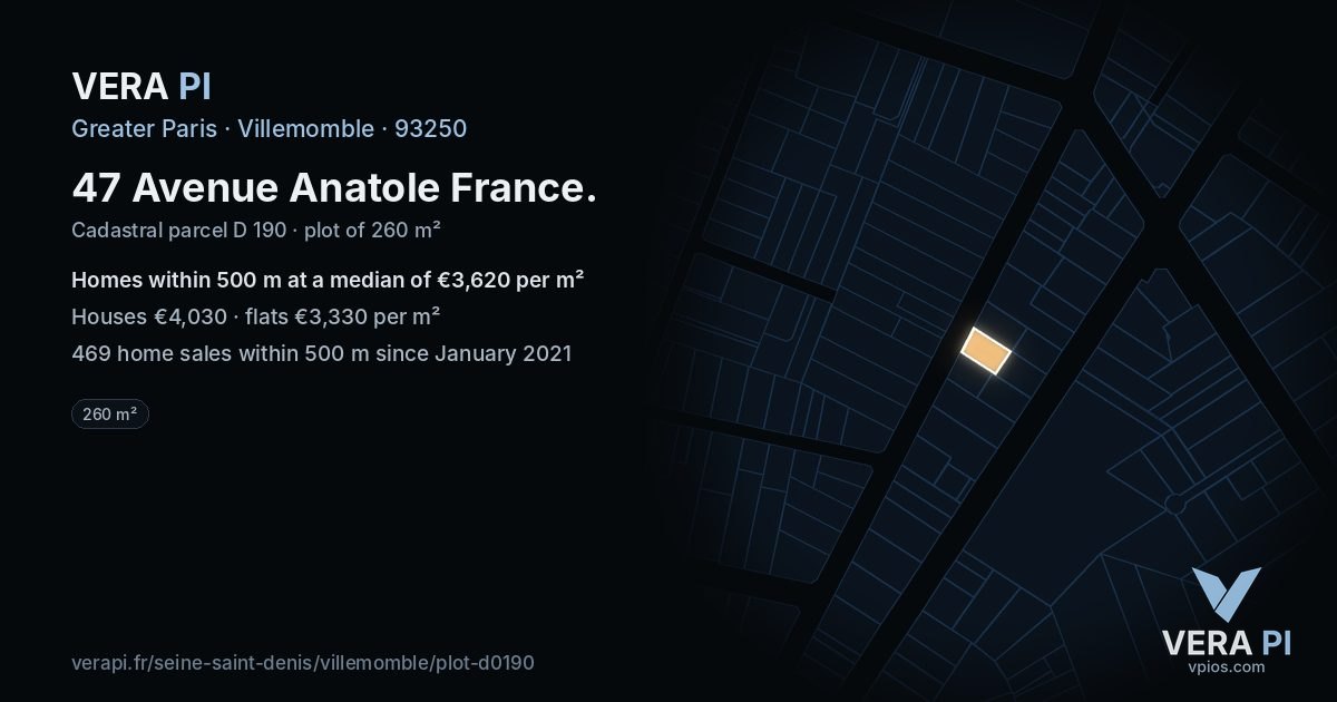 47 Avenue Anatole France, Villemomble at night – the plot lit, the parcels around coloured by the prices near them