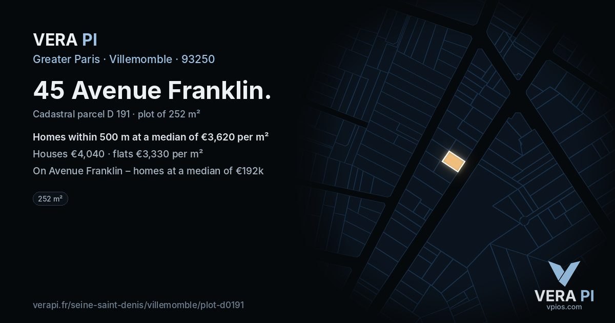 45 Avenue Franklin, Villemomble at night – the plot lit, the parcels around coloured by the prices near them