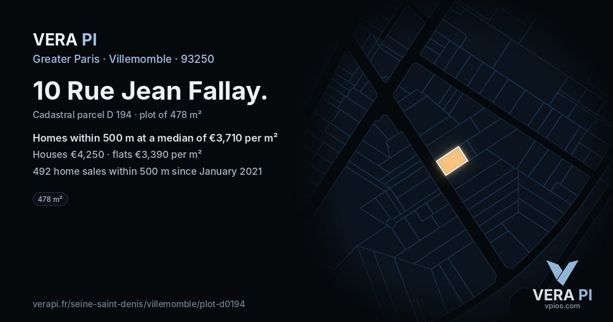 10 Rue Jean Fallay, Villemomble at night – the plot lit, the parcels around coloured by the prices near them