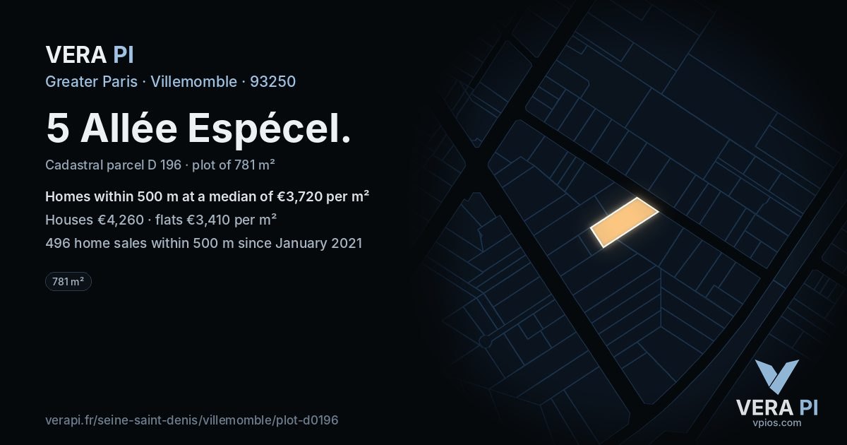 5 Allée Espécel, Villemomble at night – the plot lit, the parcels around coloured by the prices near them