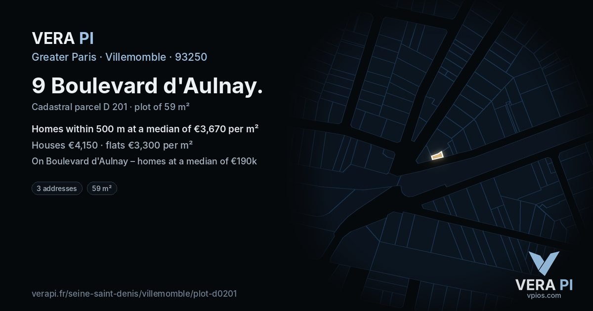 9 Boulevard d'Aulnay, Villemomble at night – the plot lit, the parcels around coloured by the prices near them