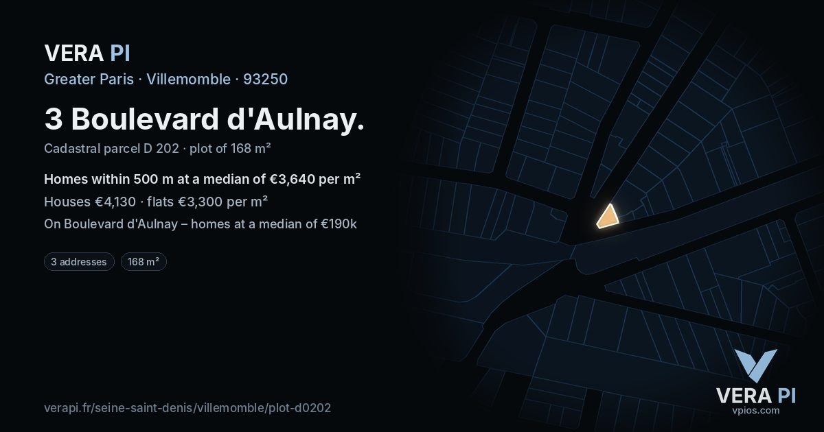 3 Boulevard d'Aulnay, Villemomble at night – the plot lit, the parcels around coloured by the prices near them