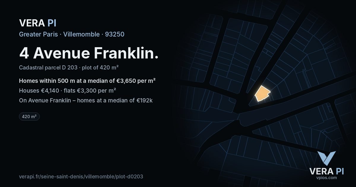 4 Avenue Franklin, Villemomble at night – the plot lit, the parcels around coloured by the prices near them