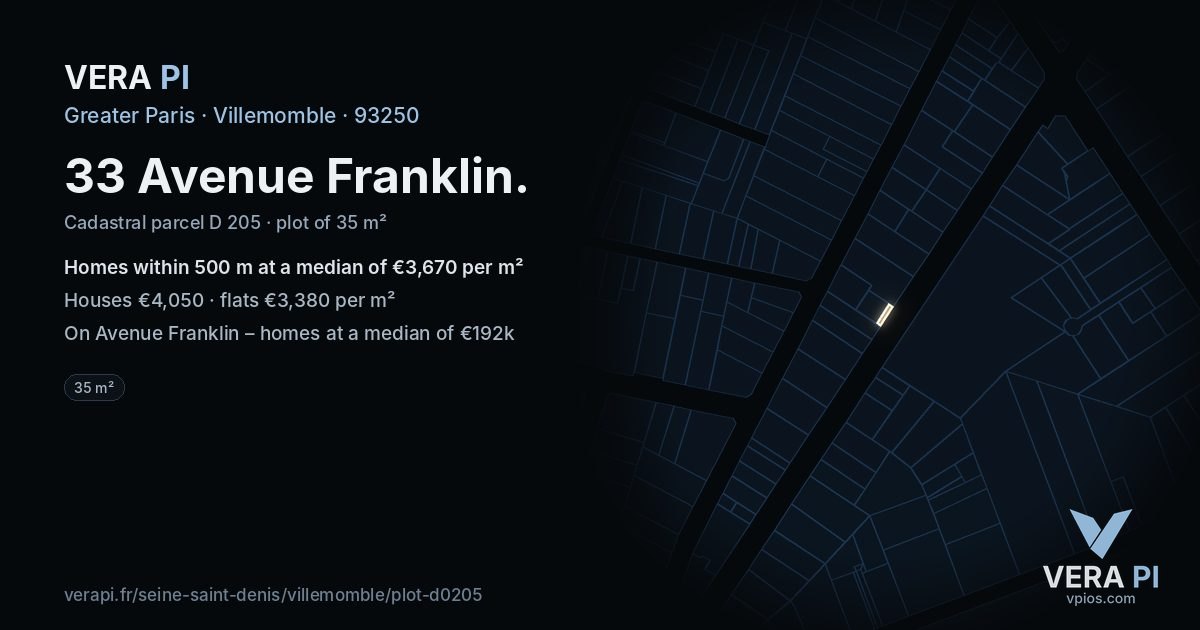 33 Avenue Franklin, Villemomble at night – the plot lit, the parcels around coloured by the prices near them