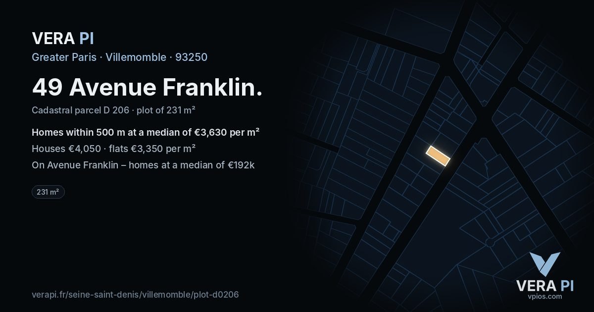 49 Avenue Franklin, Villemomble at night – the plot lit, the parcels around coloured by the prices near them