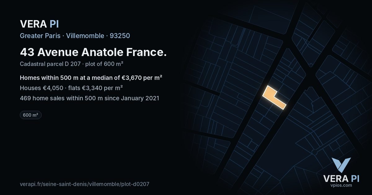 43 Avenue Anatole France, Villemomble at night – the plot lit, the parcels around coloured by the prices near them