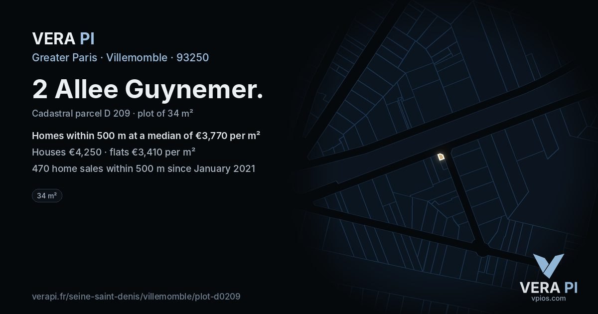 2 Allee Guynemer, Villemomble at night – the plot lit, the parcels around coloured by the prices near them