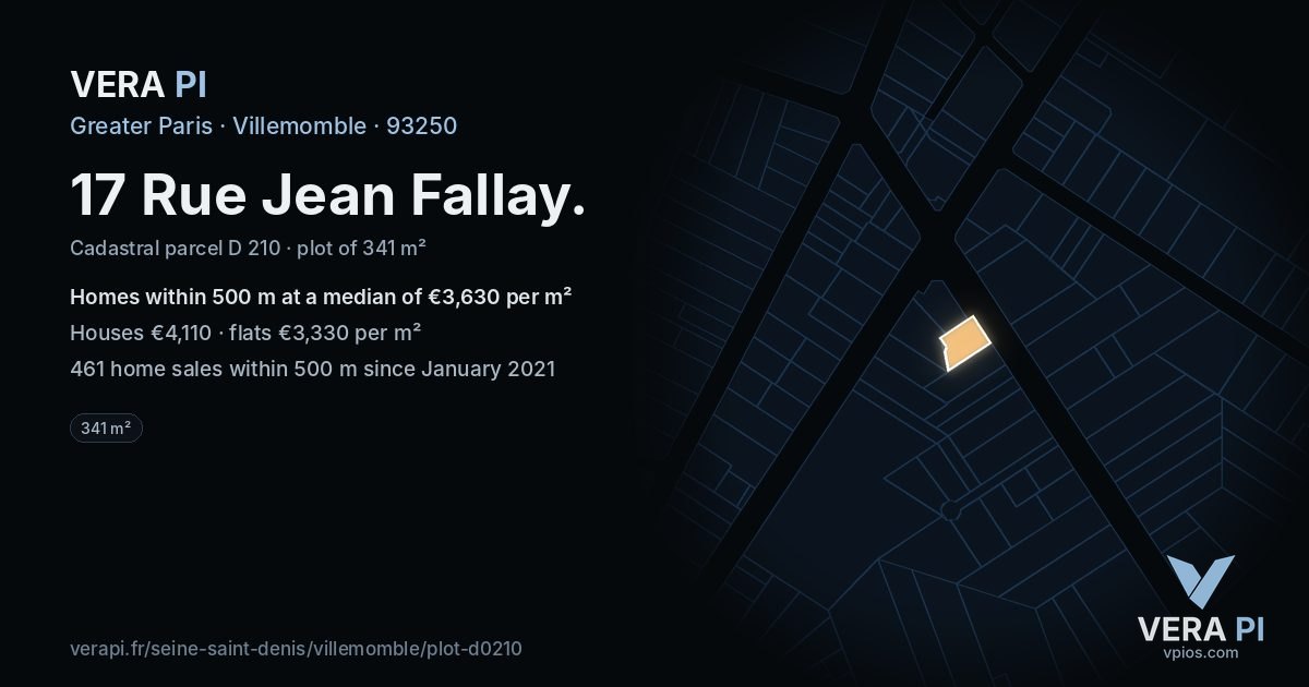 17 Rue Jean Fallay, Villemomble at night – the plot lit, the parcels around coloured by the prices near them