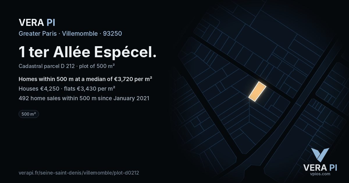 1 ter Allée Espécel, Villemomble at night – the plot lit, the parcels around coloured by the prices near them