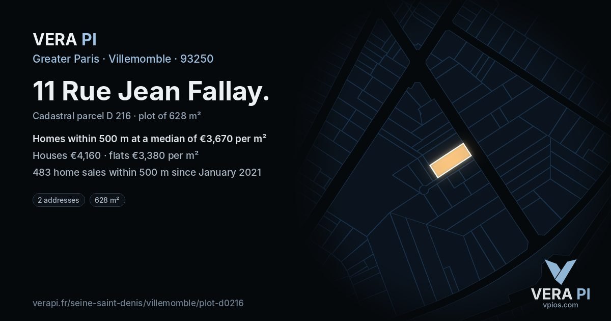 11 Rue Jean Fallay, Villemomble at night – the plot lit, the parcels around coloured by the prices near them