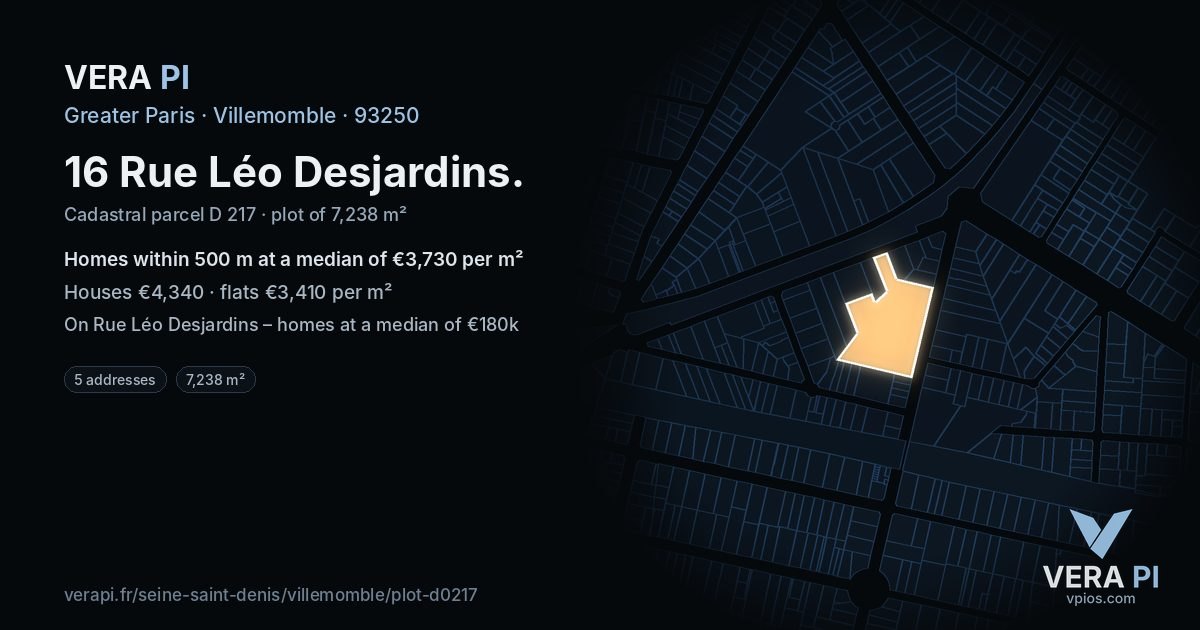 16 Rue Léo Desjardins, Villemomble at night – the plot lit, the parcels around coloured by the prices near them