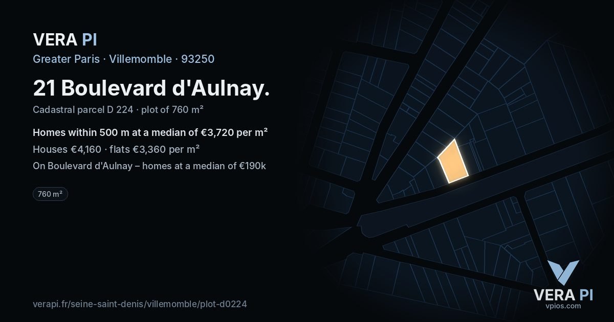 21 Boulevard d'Aulnay, Villemomble at night – the plot lit, the parcels around coloured by the prices near them