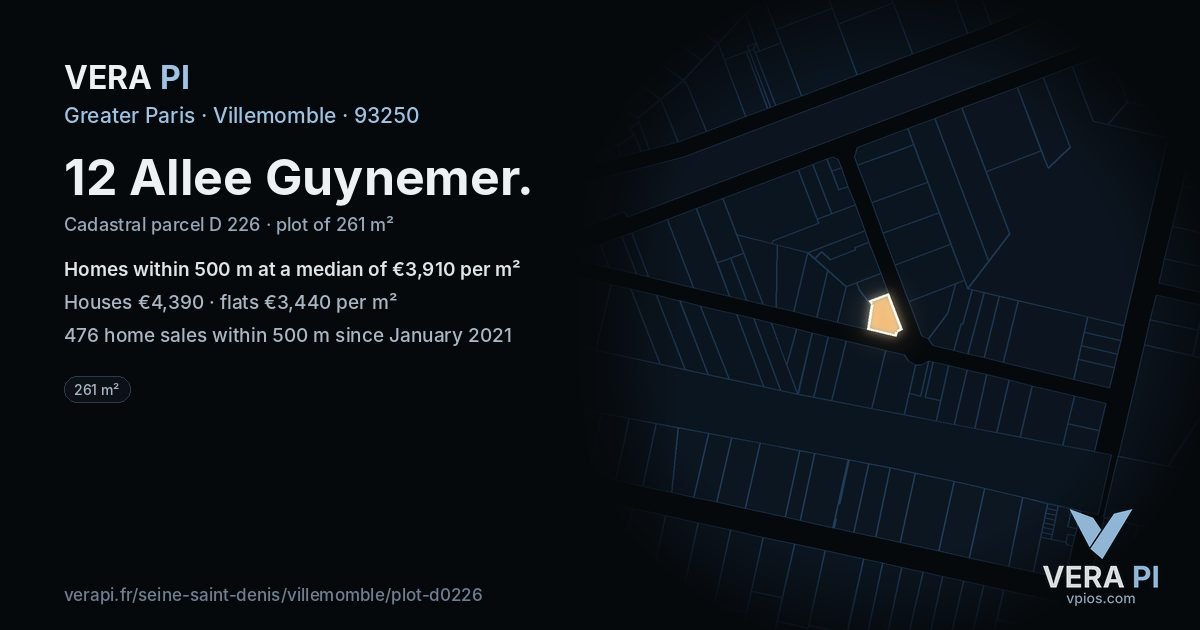 12 Allee Guynemer, Villemomble at night – the plot lit, the parcels around coloured by the prices near them