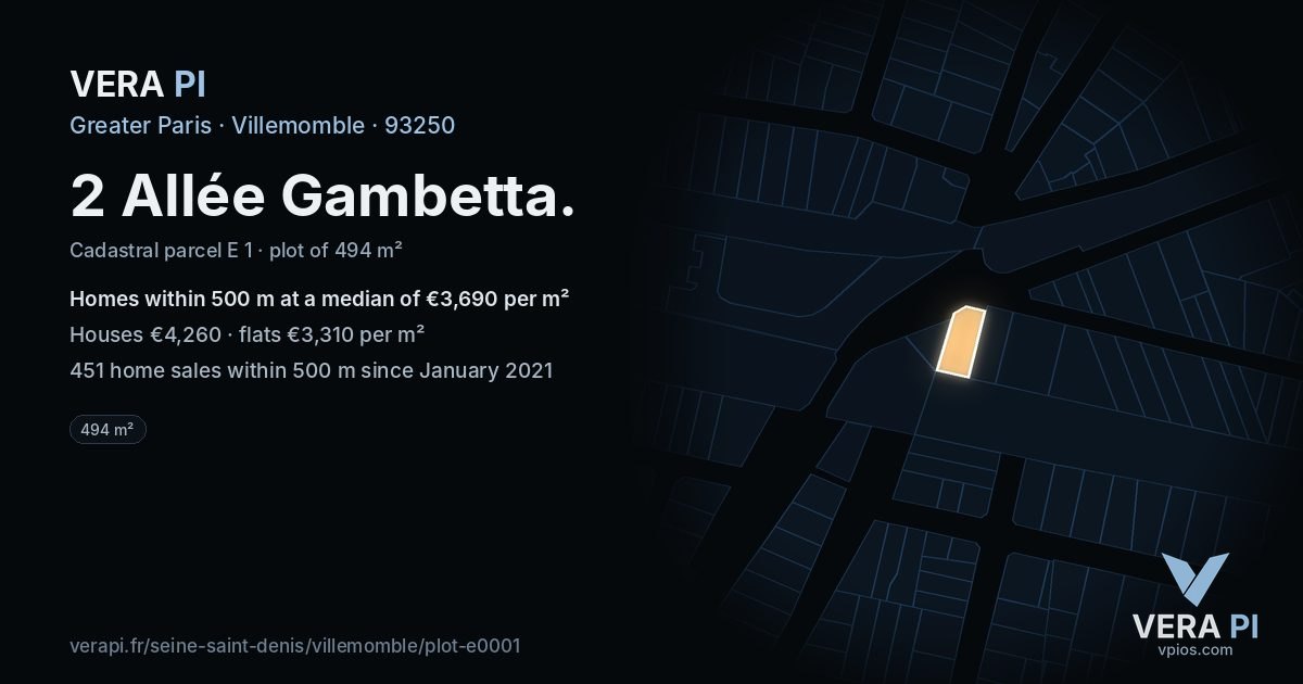 2 Allée Gambetta, Villemomble at night – the plot lit, the parcels around coloured by the prices near them