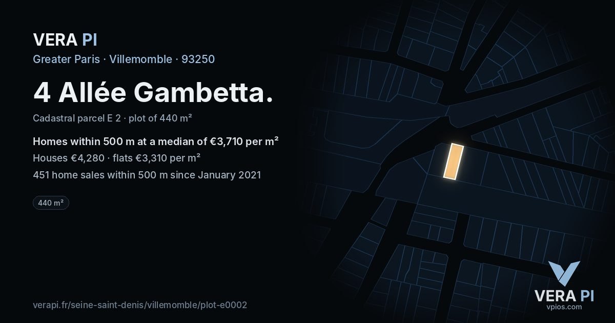 4 Allée Gambetta, Villemomble at night – the plot lit, the parcels around coloured by the prices near them