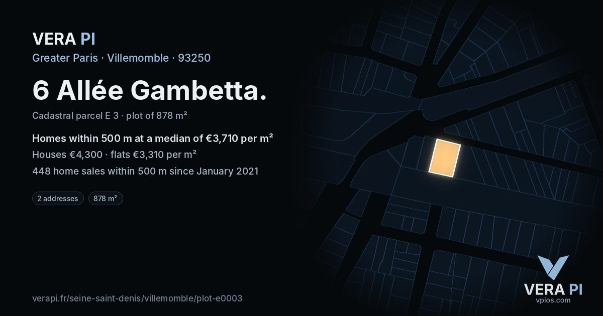 6 Allée Gambetta, Villemomble at night – the plot lit, the parcels around coloured by the prices near them