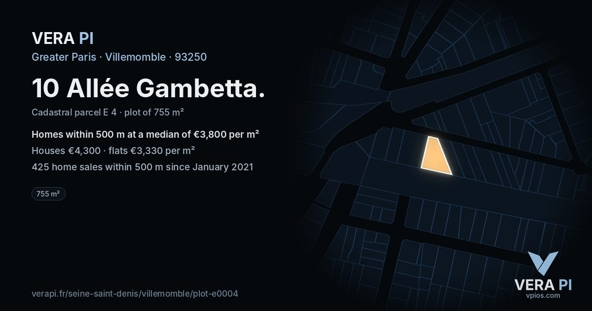 10 Allée Gambetta, Villemomble at night – the plot lit, the parcels around coloured by the prices near them